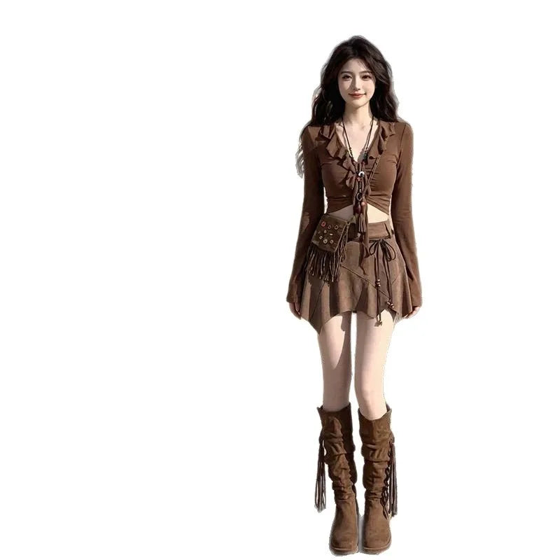 Travel Wear Desert Wasteland Style Dress Summer Maillard Western Denim Skirt Set