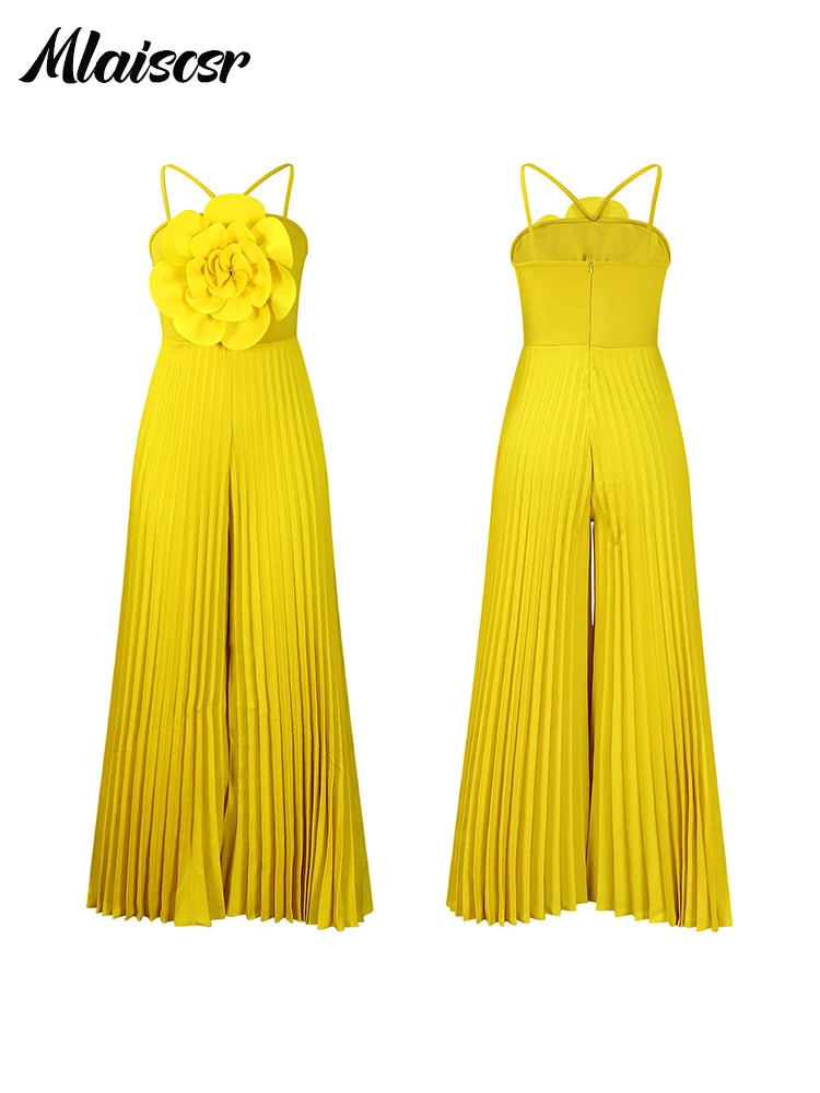 Mlaiscsr Elegant Evening Party Rompers Women White 3D Flower Sleeveless Pleated Strapless Wide Leg Jumpsuits Birthday Vacation