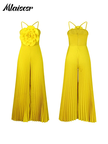 Mlaiscsr Elegant Evening Party Rompers Women White 3D Flower Sleeveless Pleated Strapless Wide Leg Jumpsuits Birthday Vacation
