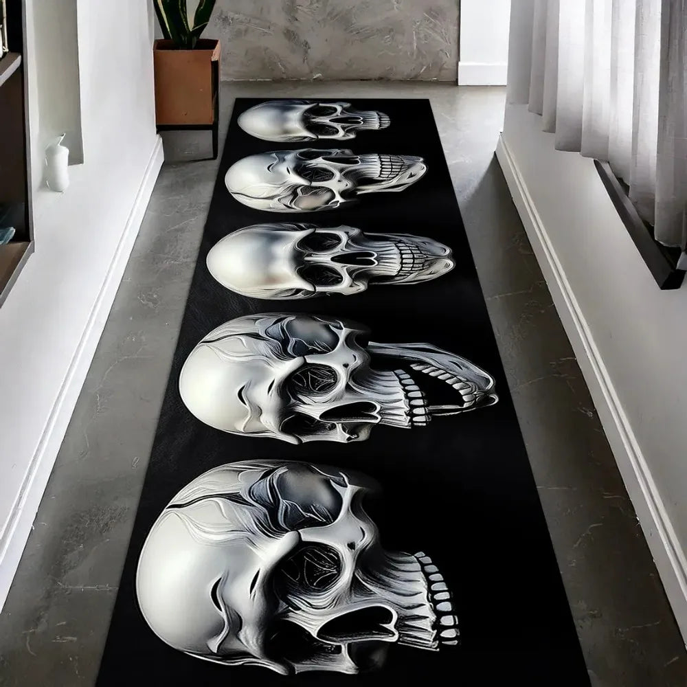 Gothic Skull Runner Rug, Dark Horror-Themed Long Hallway Carpet, Black Aesthetic Skeleton Skull Floor Mat for Bedroom or Studio