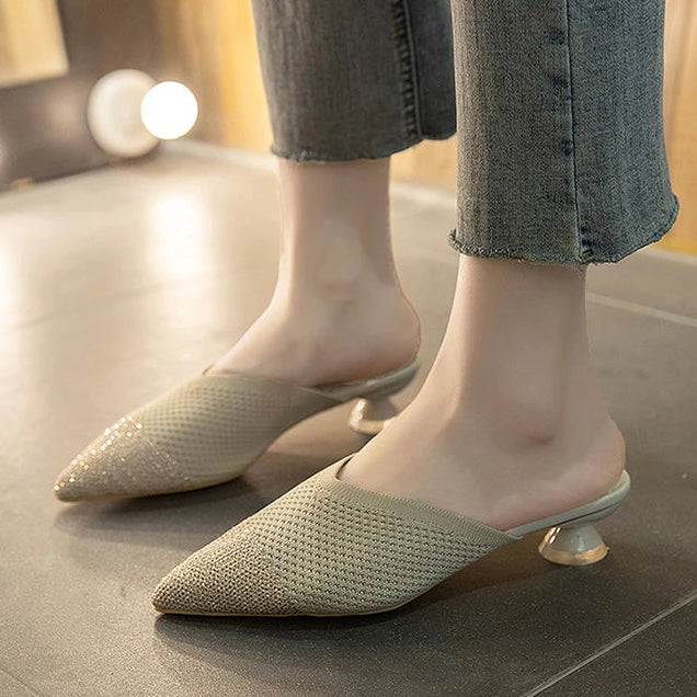 Elegant Medium Heel Women's Mules Shoes Women Designer Rhinestone Luxury Party Slippers Summer New 2025 Sandals Fashion Slipper