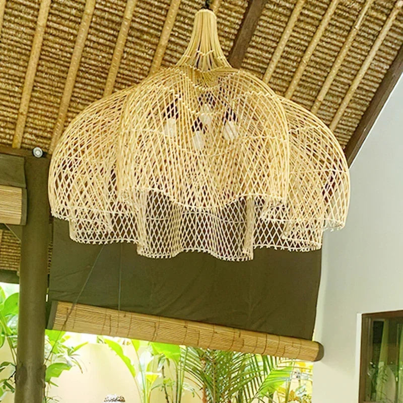 Japanese Style Wabi-sabi Retro Rattan Chandelier Creative Living Room Restaurant Box Pendants LIghts Hotel Living Room Lamps LED