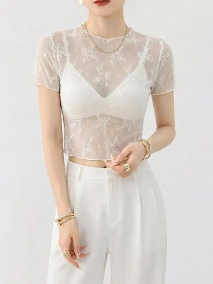 White Lace Mesh Base Shirt Women's Transparent Inner Wear Outerwear Slimming Short Style Korean Version Floral Print Top