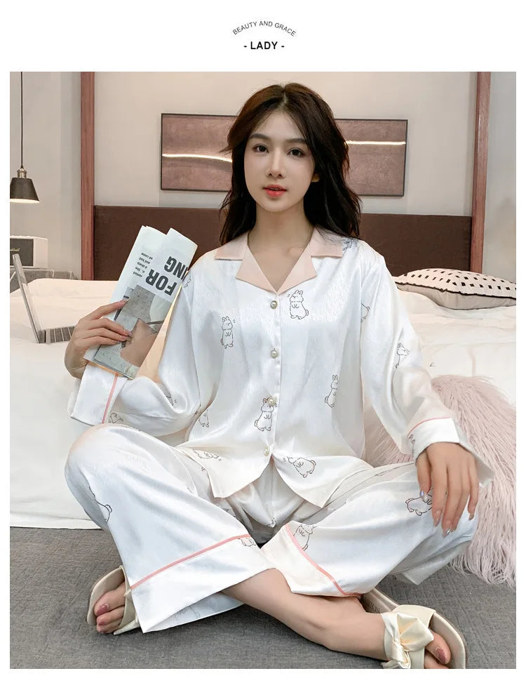 Women's Ice Silk Pajama Set Long Sleeve Long Pants Lightweight Sleepwear for Spring And Autumn Comfortable Homewear Pj Set