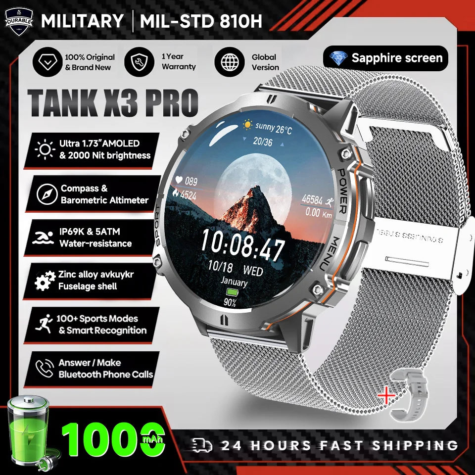 2026 New Military TANK X3 1000mAh Battery Smart Watch Men 10ATM Waterproof Swim GPS Path 1.75" AMOLED HD Call Sports Smartwatch