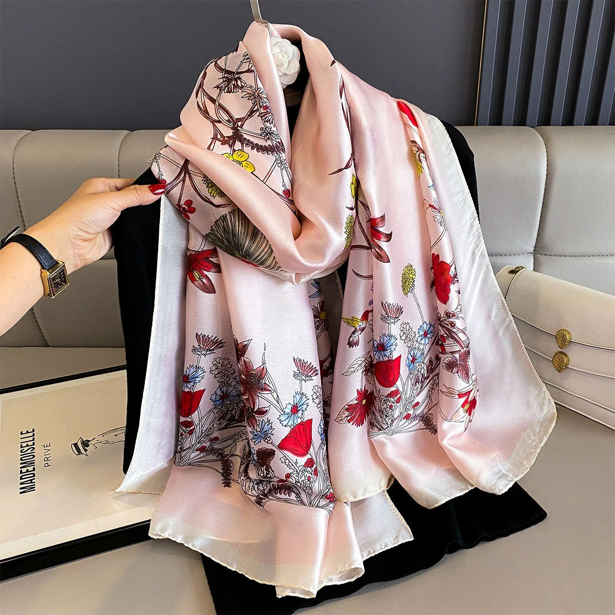 180*90cm Large Silk Satin Scarf Women Fashion Printed Scarf Spring And Summer Styles New Shawl Wrap Female Hand 2025 NEW