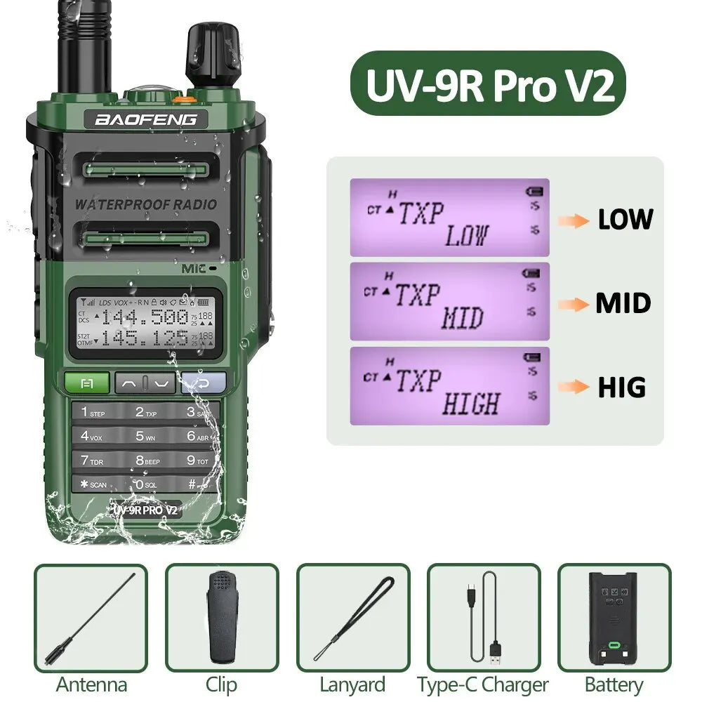 Baofeng UV 9R Pro V2 IP68 Waterproof Walkie Talkie Tri-Power Type-C Charger Dual Band Ham CB Radio Two Way Radio of UV 9R Plus