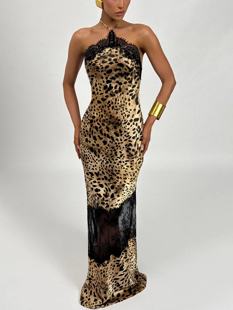 JULISSA MO Leopard Print Patchwork Sheer Lace Halter Women Maxi Dress Backless High Waist Dress Slim Elegant Party Evening Dress