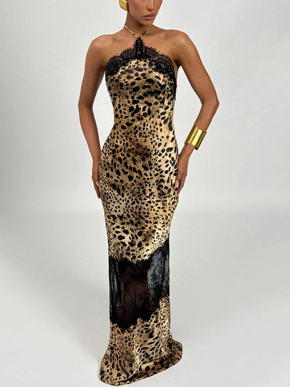 JULISSA MO Leopard Print Patchwork Sheer Lace Halter Women Maxi Dress Backless High Waist Dress Slim Elegant Party Evening Dress