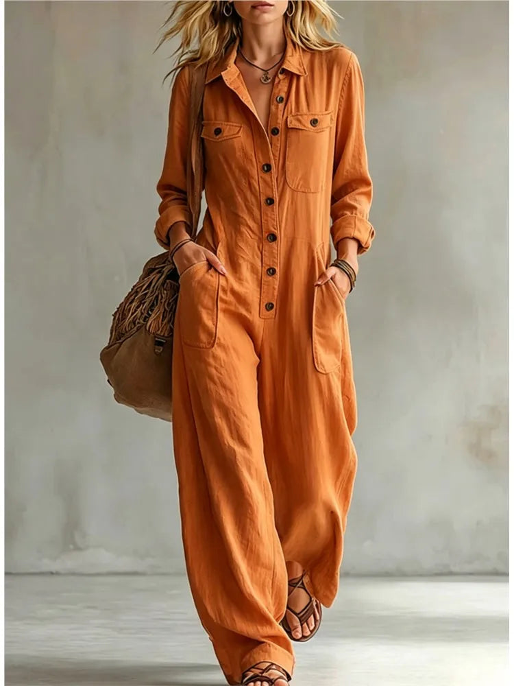 Autumn New Fashion Linen Single Breasted Double Pocket Women's Work Jumpsuit Casual Loose Vacation Female Rompers 2026