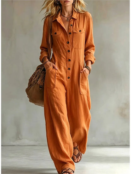 Autumn New Fashion Linen Single Breasted Double Pocket Women's Work Jumpsuit Casual Loose Vacation Female Rompers 2026