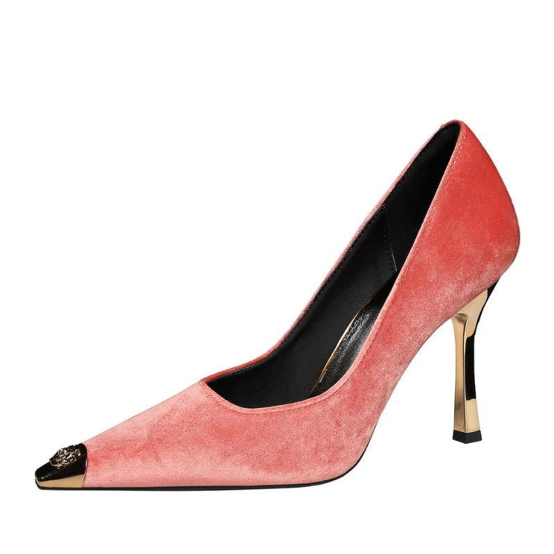Women Peach Pink Velvet Metal Capped Pointed Toe Pumps Gold Trapezoid Thin High Heels Gentle Retro Luxury Date Banquet Ladies