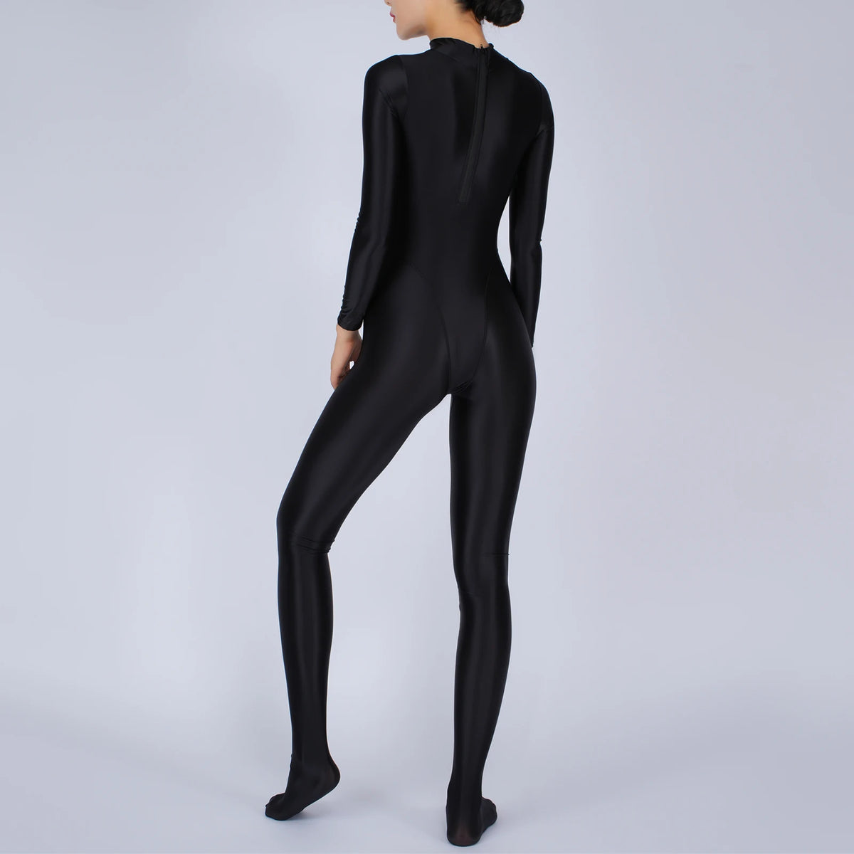 Women Glossy Full Body Jumpsuit Gym Yoga Tights Rompers Mock Neck Long Sleeve Footed One Piece Jumpsuit Clubwear Sportwear
