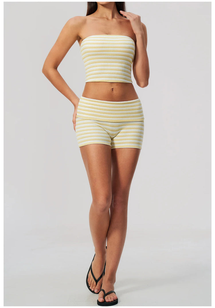 Women 2/3pcs Yoga Set Gym Clothing Fitness Suit Workout Tracksuit Outfits Ribbed Striped Strapless Tube Top Zipper Long Sleeve