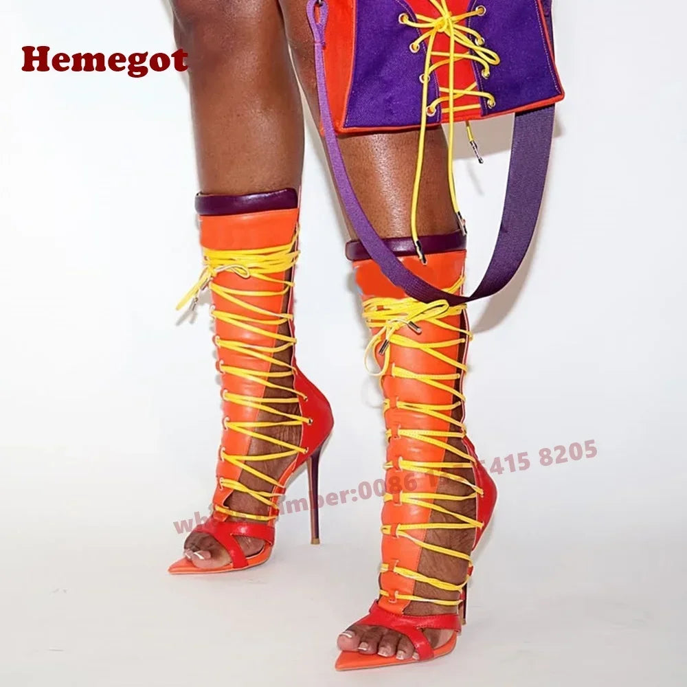 Gladiator Open Toe Stiletto Heels Straps Women's Sandals Splicing Lace-Up Sandals Hollow Out Multi-Color Summer Party Shoes Sexy