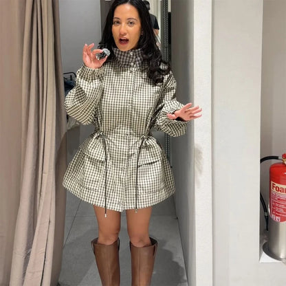 Women Casual Plaid Short Trench Coat Lapel Double Breasted Belted Waist Loose Long Sleeve Checkered Jacket Autumn Windbreaker