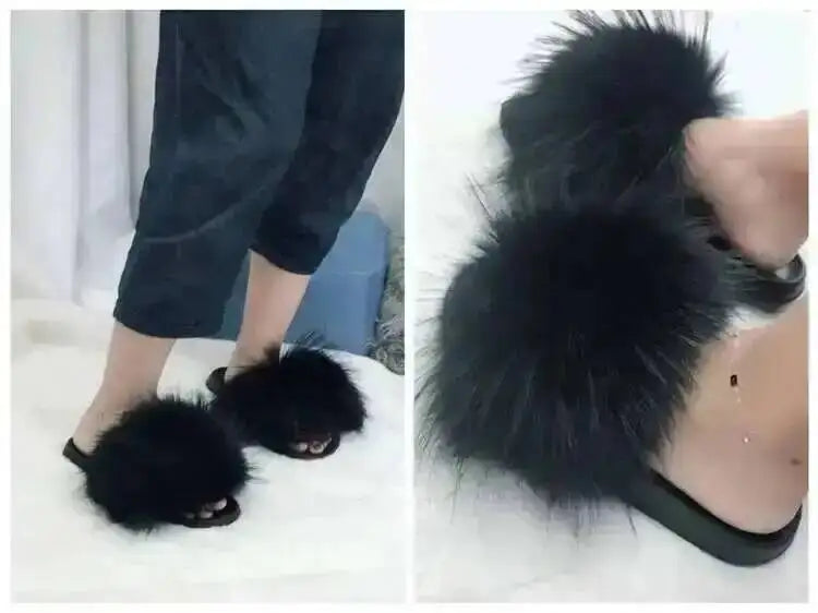 Real Raccoon Fur Slippers For Women 2026 Summer Fluffy Indoor House Fuzzy Flat Slides Outdoor Fashion Beach Sandals Flip Flops