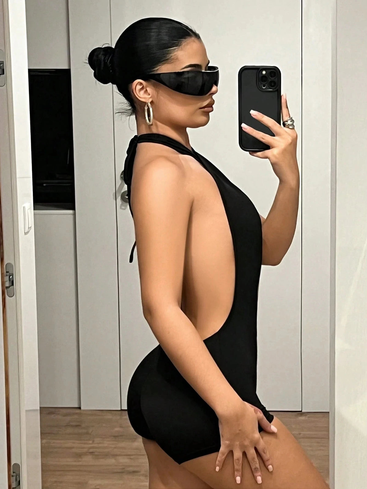 Women'S Spring And Summer Black Sexy Backless Cross Halter Neck Tight Jumpsuit