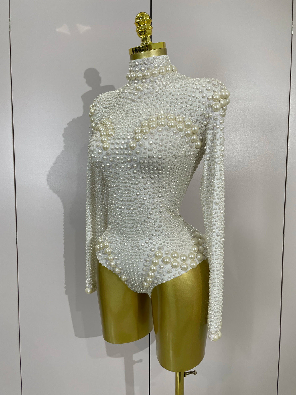 Luxury White Full Pearl Long Sleeved Stretch Bodysuit Women Birthday Evening Party Celebrate DJ Performance Nightclub Stage Wear