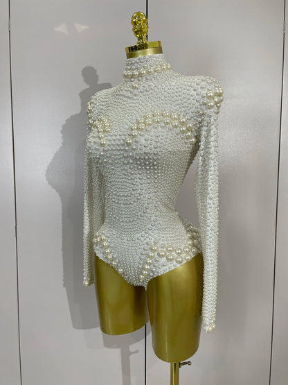Luxury White Full Pearl Long Sleeved Stretch Bodysuit Women Birthday Evening Party Celebrate DJ Performance Nightclub Stage Wear
