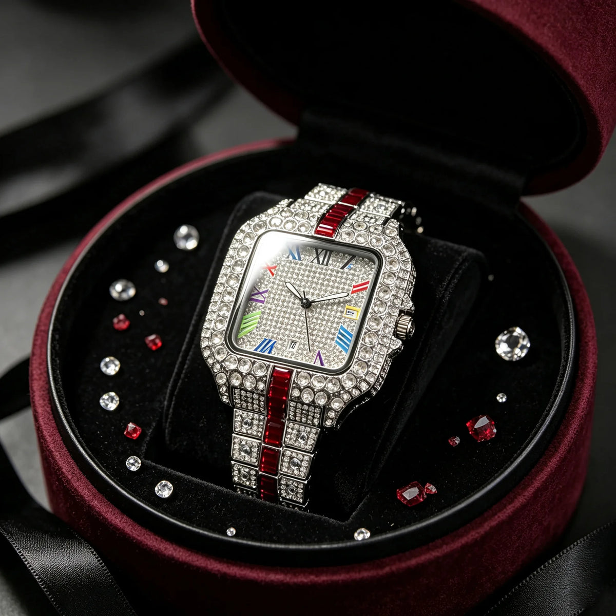 European Full Diamond Men's Quartz Watch with Waterproof Square Case and Hot Fashion Fold Clasp Style