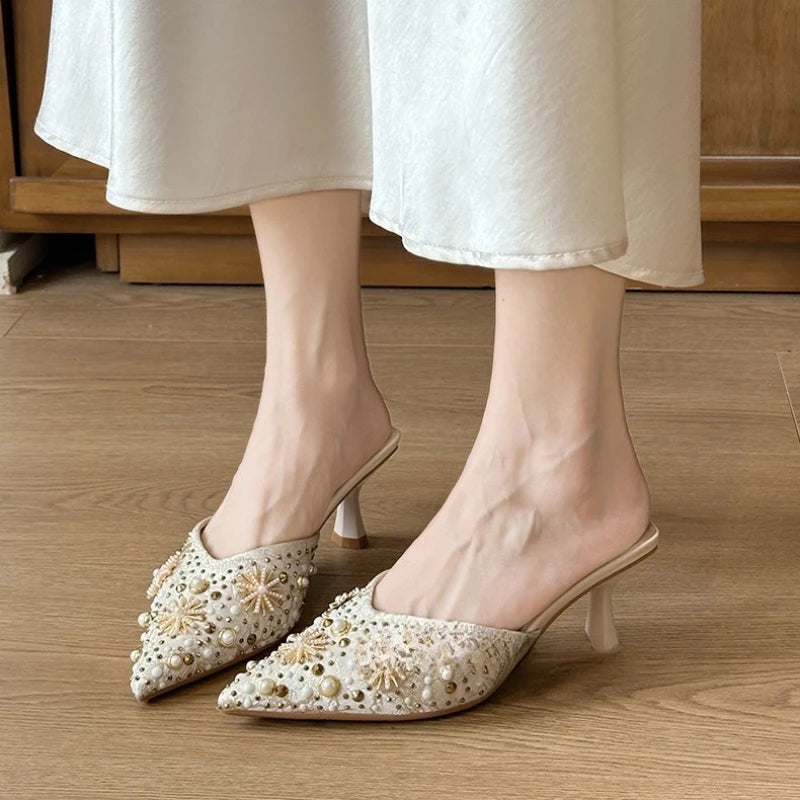 Luxury String Bead Decoration Design Brand High Heel Slippers Women Shiny Rhinestone Slide Sandals Elegant Wedding Bridal Shoes