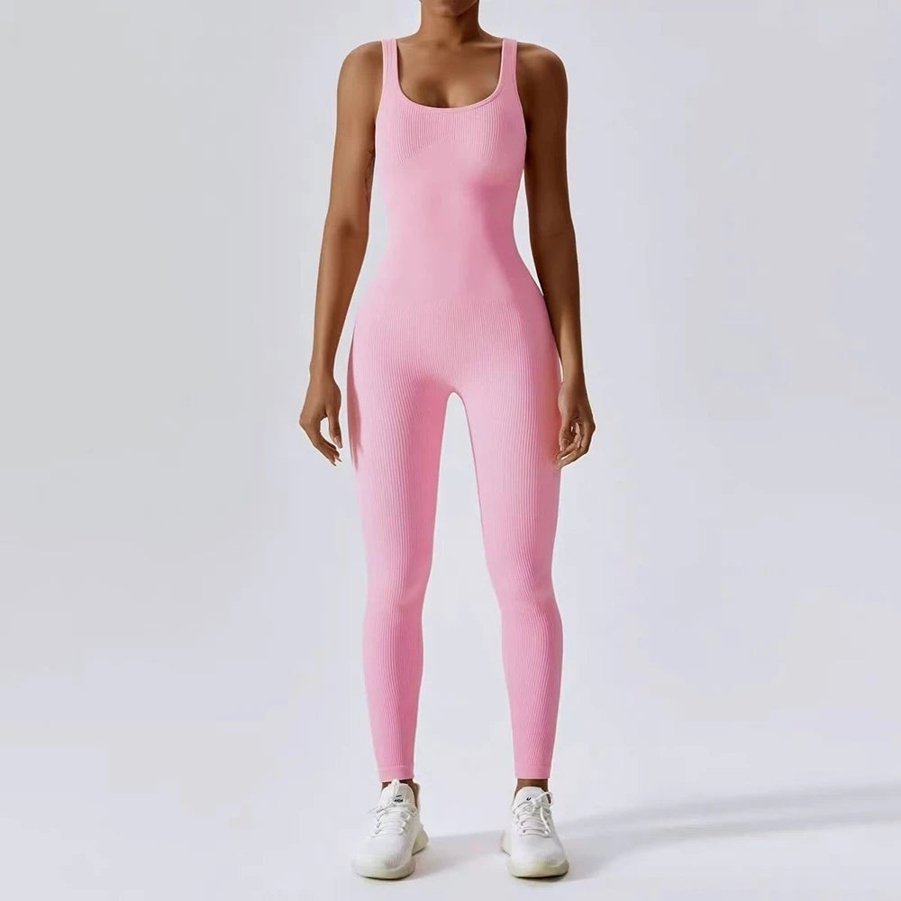 Womens Jumpsuits Sleeveless Yoga Slim Fit Stretch Screw Thread One Piece Romper Sexy Fitness Female Pink Sportwears Chest Pads