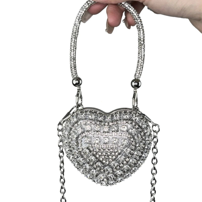 Luxury Small Bling Heart Shape Diamond Evening Clutch Rhinestones Purse Ladies Fashion Bag Designer for Women Chain Shoulder Bag