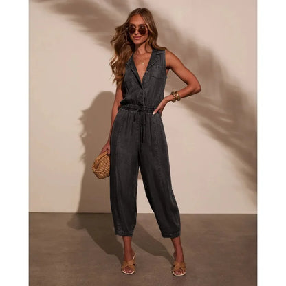 Women Jumpsuits Sleeveless Denim Pants One Piece Drawstring Pockets Rompers Solid Spliced Casual Button Jeans Overalls