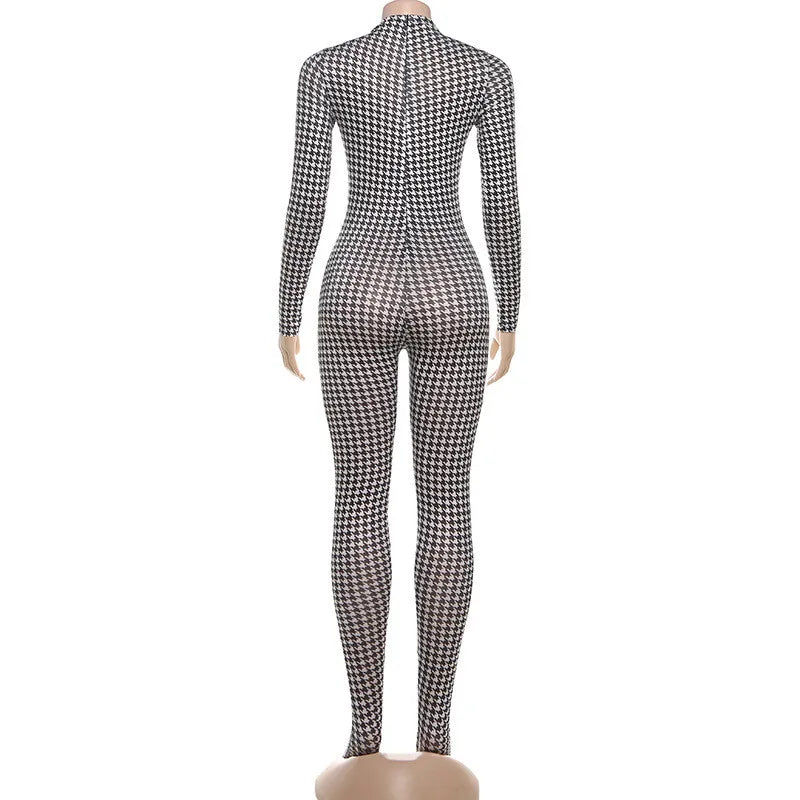 Shestyle Plaid Bodycon Jumpsuits Women with Stocking Sporting Turtleneck Casual Winter Fashion New Zipper Fitness Clothing New