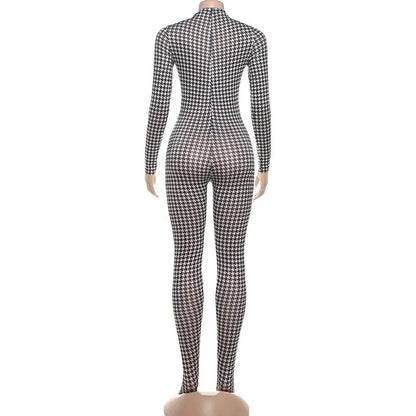 Shestyle Plaid Bodycon Jumpsuits Women with Stocking Sporting Turtleneck Casual Winter Fashion New Zipper Fitness Clothing New