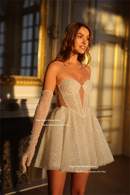 Xijun Glitter Short Wedding Dresses Sweetheart Sleeveless A-Line Prom Gown Formal Event Cocktail Birthday Party Dress Customized