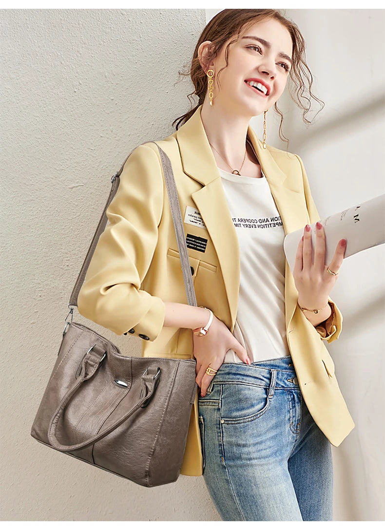 New Soft Leather Handbag For Women Vintage Shoulder Tote Bag Luxury Designer Ladies Large Capacity Purse Commute Bags Sac A Main