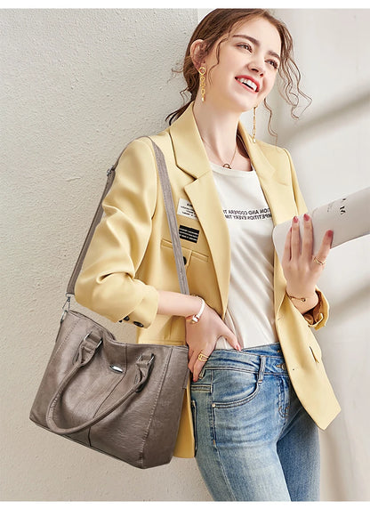New Soft Leather Handbag For Women Vintage Shoulder Tote Bag Luxury Designer Ladies Large Capacity Purse Commute Bags Sac A Main