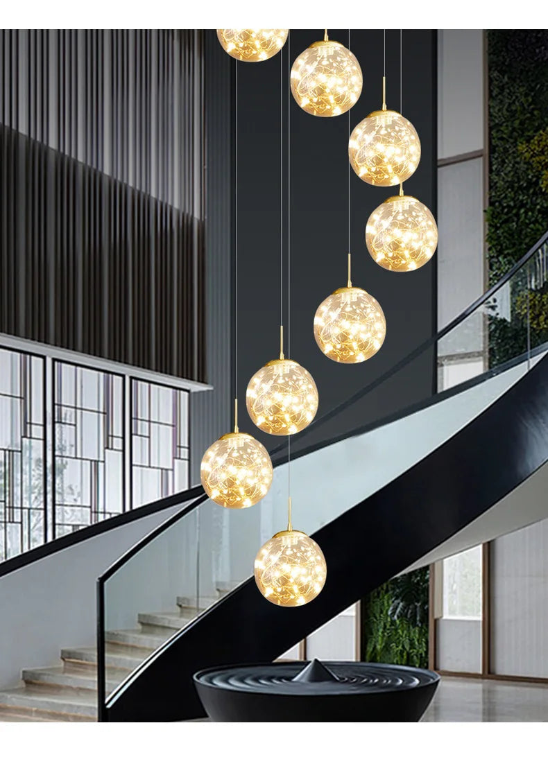 Modern LED Chandelier Glass Ball Dimmable Pendant Lamp for Staircase Living Room Home Decor Suspension Lighting Design Lusters