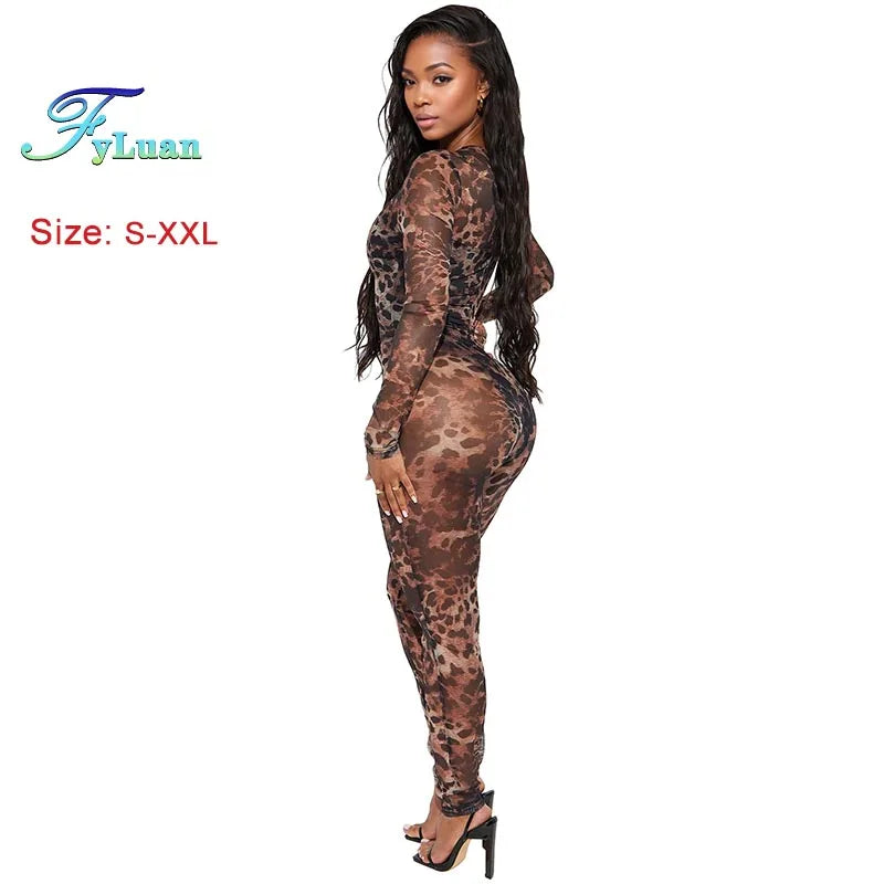 Sexy Bodycon Jumpsuits Women Clothes Leopard Mesh Print Semi Perspective Jump Suit Long Sleeve Bodysuit Nightclub Club Clothes