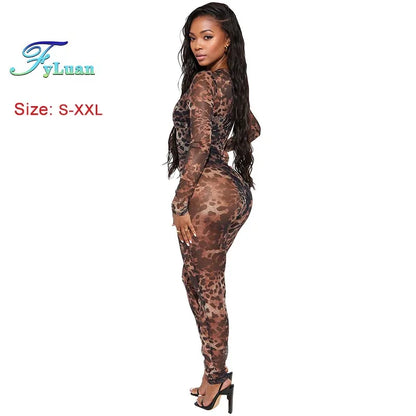 Sexy Bodycon Jumpsuits Women Clothes Leopard Mesh Print Semi Perspective Jump Suit Long Sleeve Bodysuit Nightclub Club Clothes