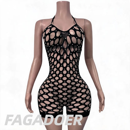 FAGADOER Sexy Hollow-out Rhinestone Patchwork Bodycon Rompers Woman Halter Sleeveless Backless Jumpsuits Female Party Clubwear