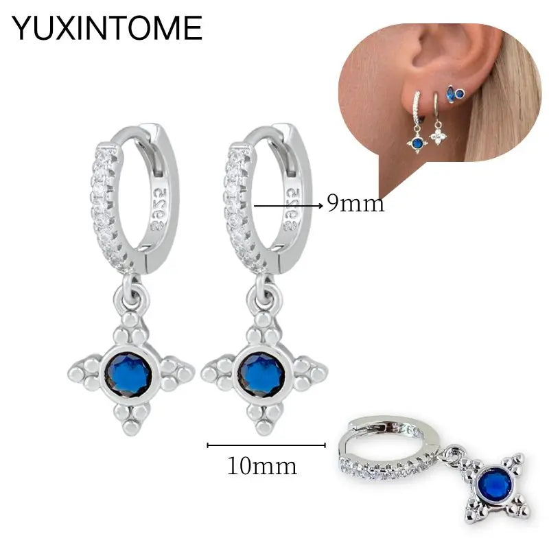 925 Sterling Silver Needle Dark Blue Crystal Silver Earrings Women's Exquisite Heart Blue Pendant Hoop Earrings Luxury Jewelry