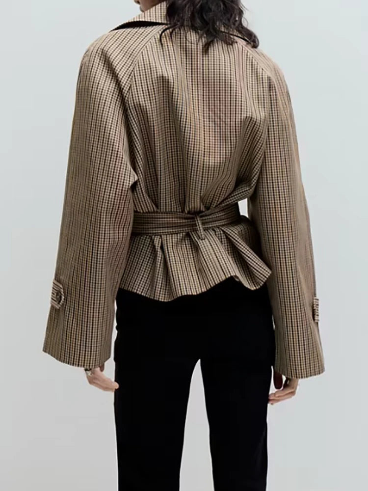 Beige Checkered Cropped Trench Coat Women Stand Collar With Waist Belt Loose Oversized Autumn Daily Wear Outer Jacket