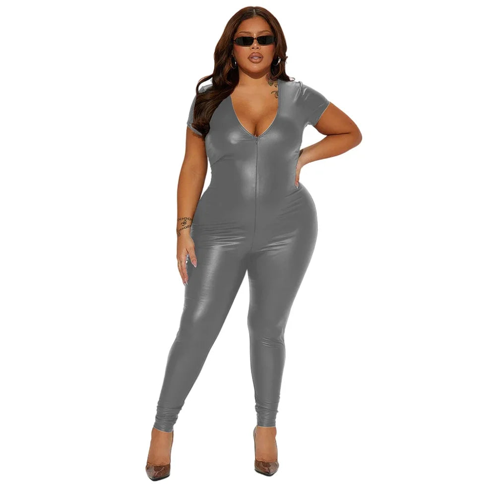 Deep V-neck Women Bodycon Jumpsuits Matte PU Leather Short Sleeve Skinny Zentai Ravely Party Club Stage Performance 8XL