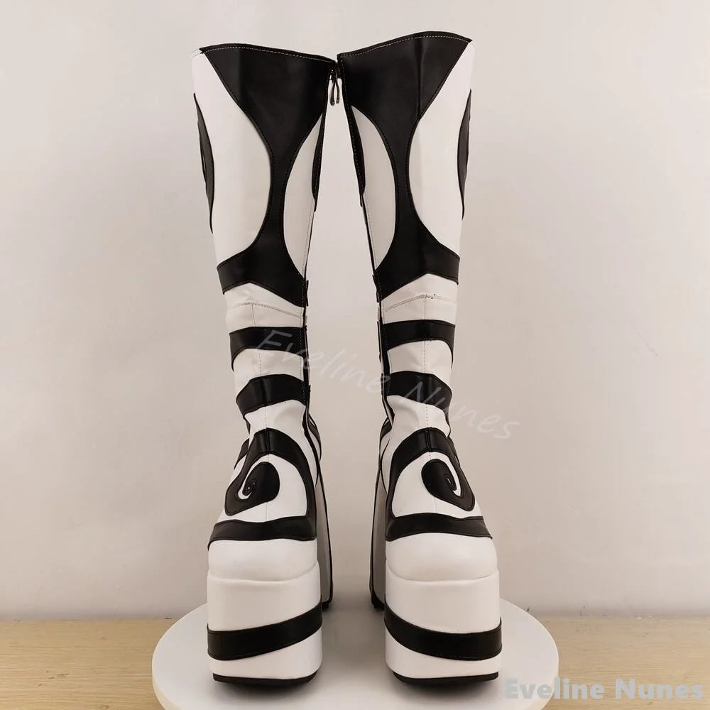 Black White Turbine Pattern Platform Boots Women Round Toe Chunky Heel Side Zipper Knee High Boots 2025 New Design Stretch Boots