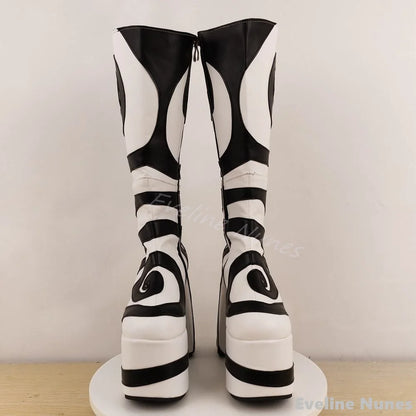 Black White Turbine Pattern Platform Boots Women Round Toe Chunky Heel Side Zipper Knee High Boots 2025 New Design Stretch Boots
