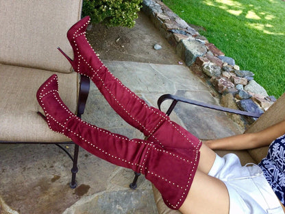 Sexy Green Blue Suede Gold Studs Women Over The Knee Boots Ladies High Heel Thick Slip On Point Toe Rivets Motorcycle Botas