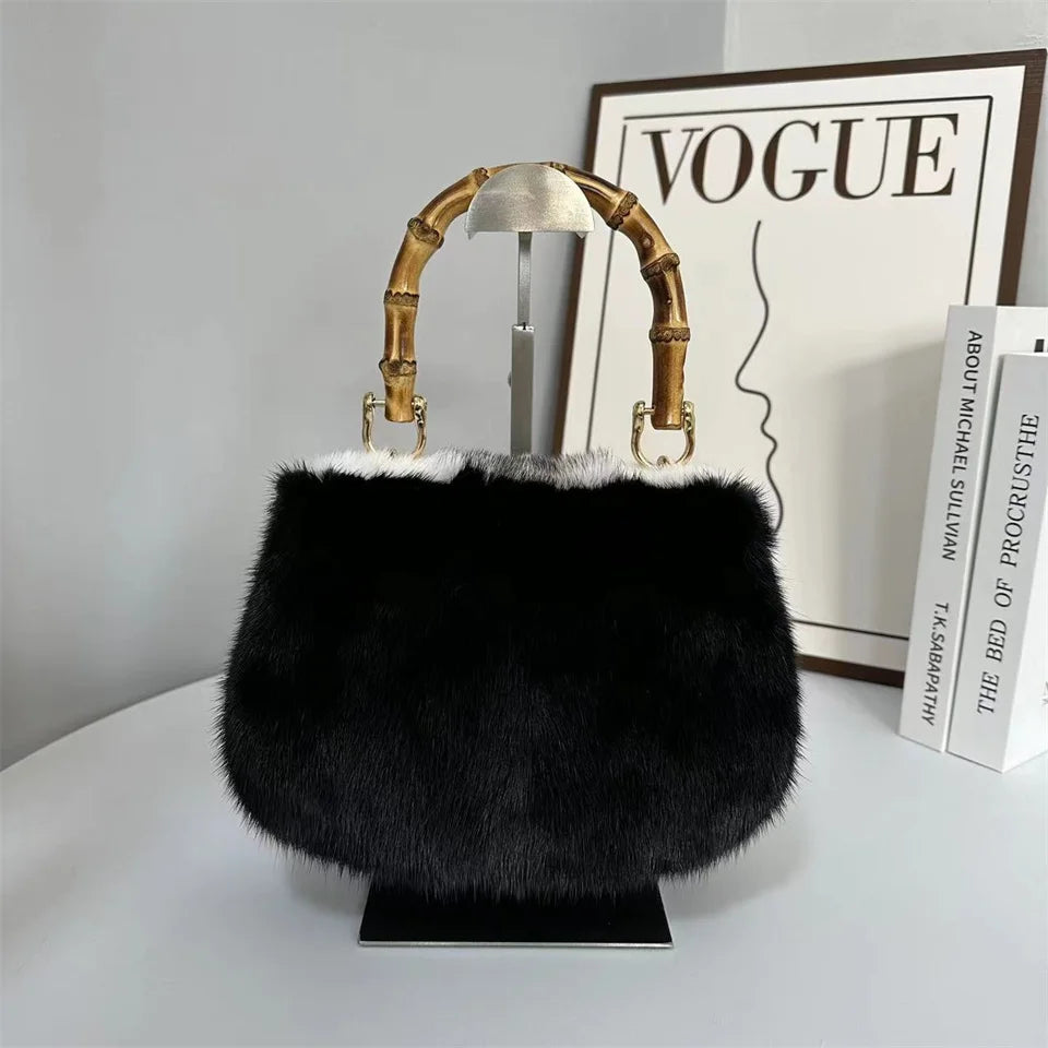 Fur Women's Mink Fur Bag Luxury Warm Plush Wrist Bags  Women Fashion Furry Short Handle Clutch Cute Ladies Fur Bags For Women