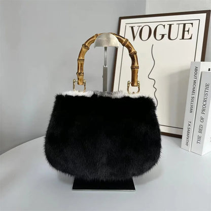 Fur Women's Mink Fur Bag Luxury Warm Plush Wrist Bags  Women Fashion Furry Short Handle Clutch Cute Ladies Fur Bags For Women