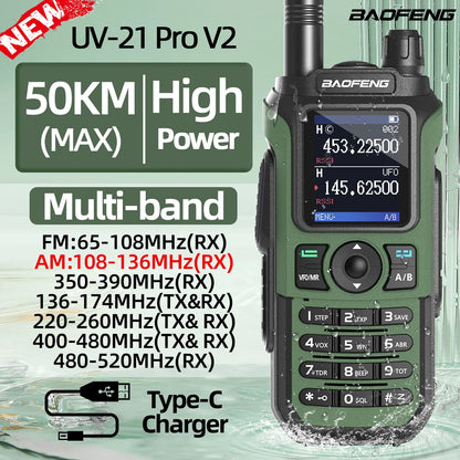 Baofeng UV-21 PRO Walkie Talkie V2 Long Range Multi-band Portable Ham Two Way Radio Wireless Copy Frequency Type-C For Hunting