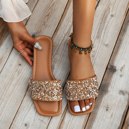 Glitter Bling Women Slippers Summer New Flat Beach Slippers Women Outdoor Luxury Sandals Designer Plus Size Shoes Slides Women