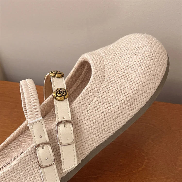 Women's Woven Mary Jane Mules Flat Round Toe Slip-On Shoes with Buckle Straps and Rose Hardware Casual Balletcore Summer Sandals