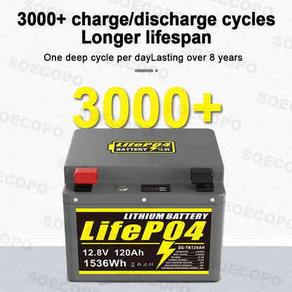 SOECOPO 12V 120Ah Portable LiFePO4 Battery 1536Wh LCD Screen USB Output for Home Camping Fishing Trolling Motor Power Bank